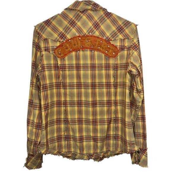 Western Cowgirl Womens Long Sleeve Plaid Shirt Size M Yellow/Red Embellished - Picture 2 of 12